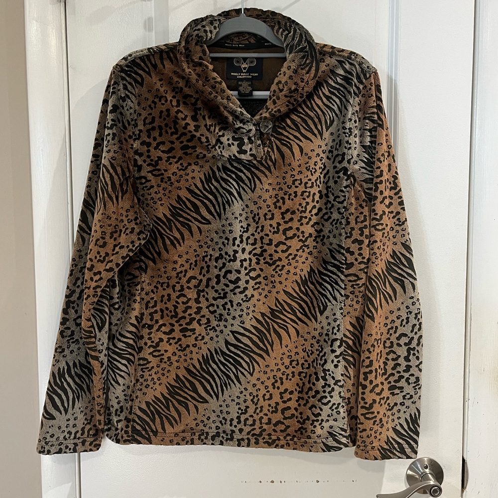 Wooly Bully Wear Colorado Cheetah Print Pullover Size XL Velour Fleece